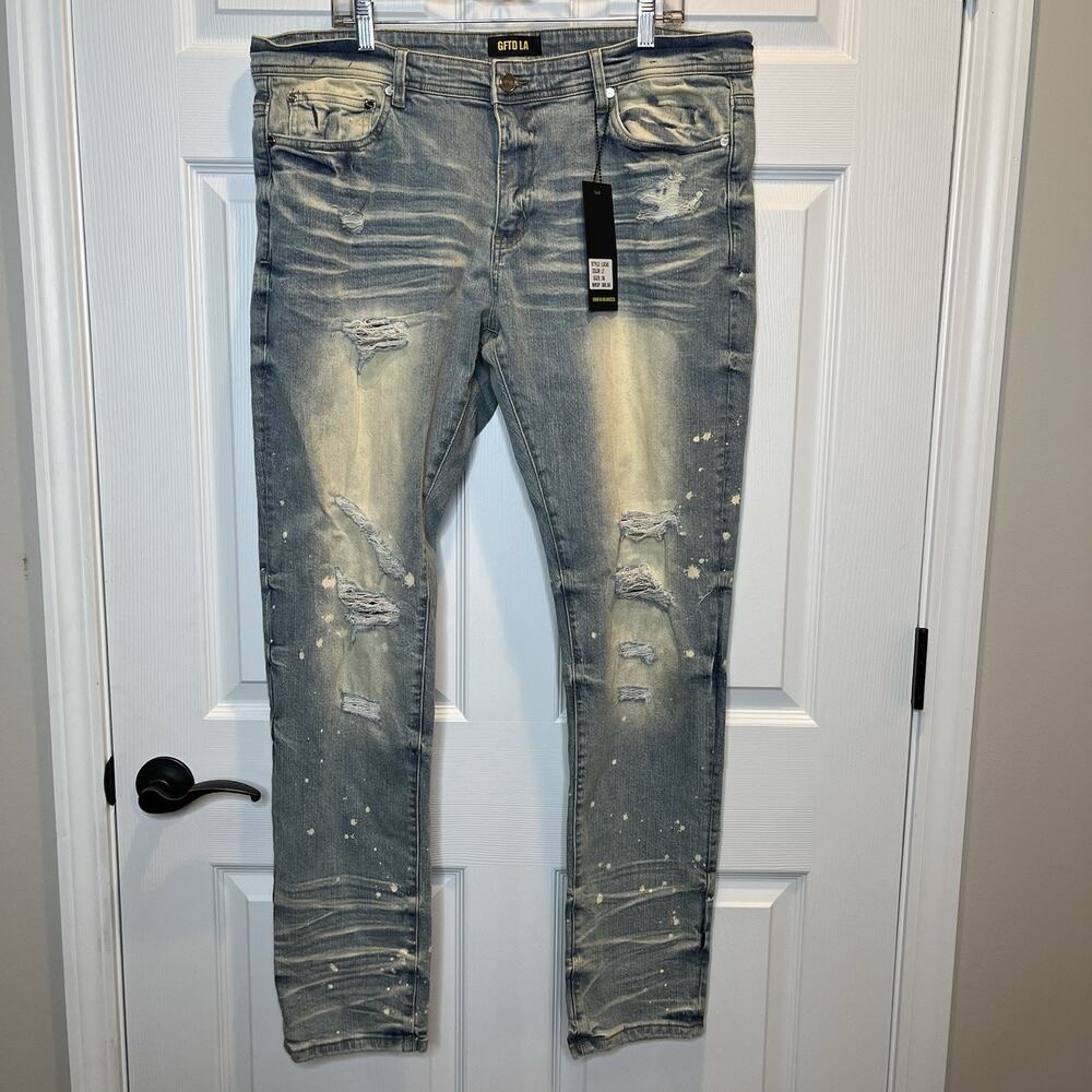 NWT GFTD LA Lucas Blue Jeans Men's 38X32.5 Stretch Distressed Paint Splatter